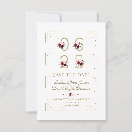 Burgundy Floral Number Wedden Save the Date (Voorkant)