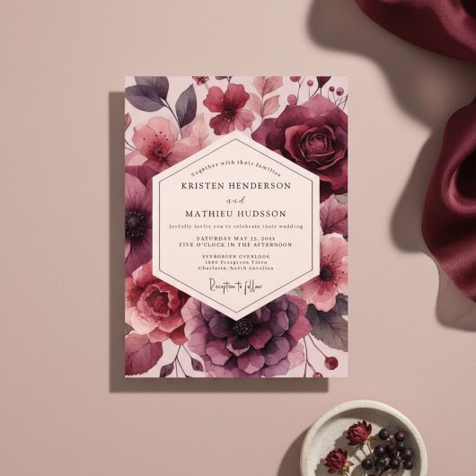 Burgundy Floral Opulent Romance Wedding Kaart