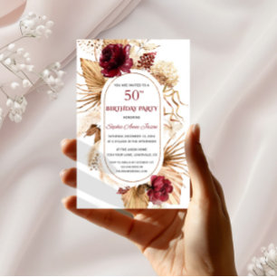 Burgundy Floral Pampas Grass Palm 50th Birthday Kaart
