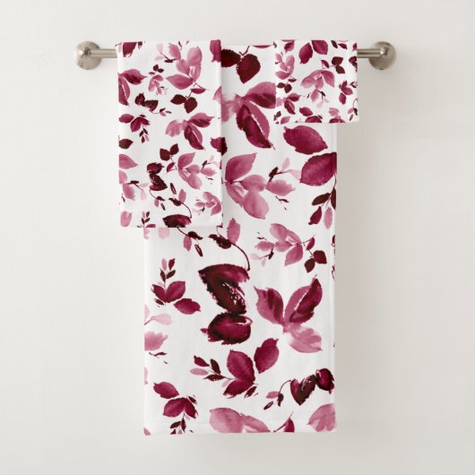 Burgundy Floral Pattern Waterverf Bath Towel Bad Handdoek (Insitu)