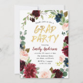 Burgundy floral penseelscriptgraduatie-partij kaart (Voorkant)