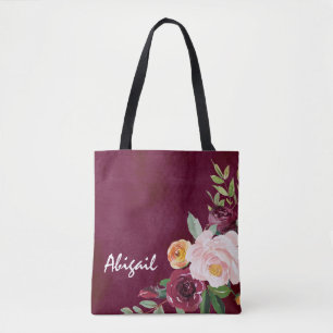 Burgundy Floral Peonies Gepersonaliseerde Canvas t Tote Bag