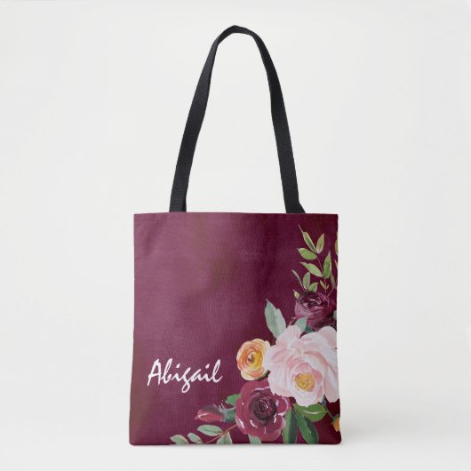 Burgundy Floral Peonies Gepersonaliseerde Canvas t Tote Bag (Voorkant)