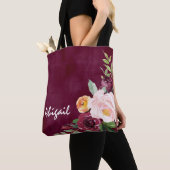 Burgundy Floral Peonies Gepersonaliseerde Canvas t Tote Bag (Dichtbij)