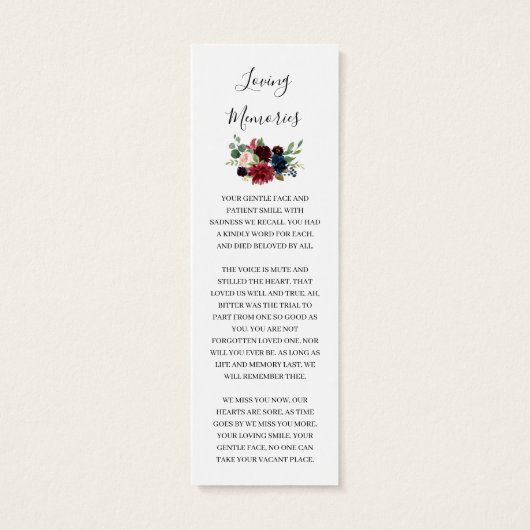 Burgundy Floral Photo Funeral Poem Bladwijzer Kaar Mini Visitekaartjes (Achterkant)