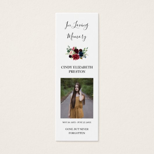 Burgundy Floral Photo Funeral Poem Bladwijzer Kaar Mini Visitekaartjes (Voorkant)