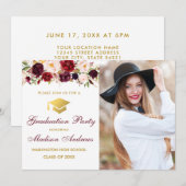 Burgundy Floral Photo Gold Gradution Party Invite Kaart (Voorkant / Achterkant)