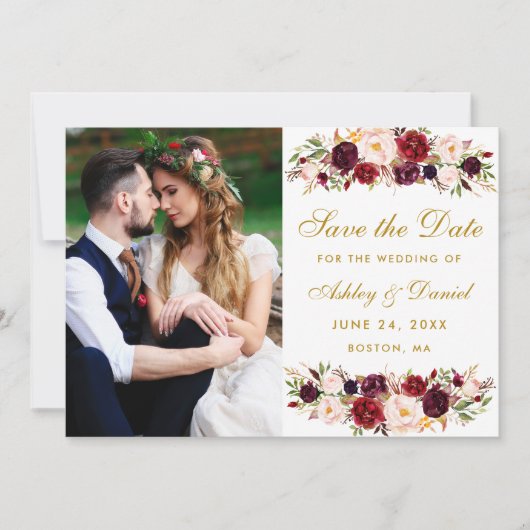 Burgundy Floral Photo Gold Save the Date W (Voorkant)