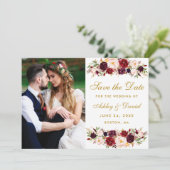 Burgundy Floral Photo Gold Save the Date W (Staand voorkant)