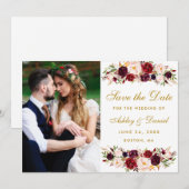 Burgundy Floral Photo Gold Save the Date W (Voorkant / Achterkant)