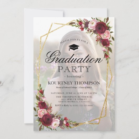 Burgundy Floral Photo Gradual Party Invitation Kaart (Voorkant)
