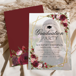 Burgundy Floral Photo Gradual Party Invitation Kaart