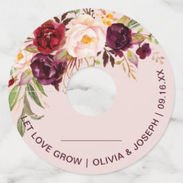 Burgundy Floral Pink Wedding with Name Wijnglaslabel