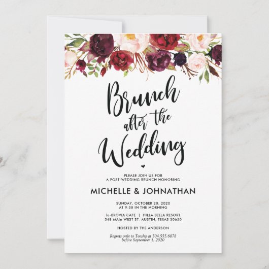 Burgundy Floral Post Wedding Brunch Uitnodiging (Voorkant)