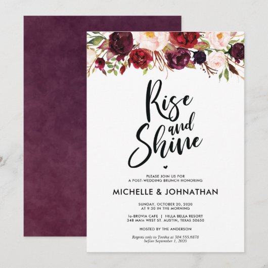 Burgundy Floral Post Wedding Brunch Uitnodiging (Voorkant / Achterkant)