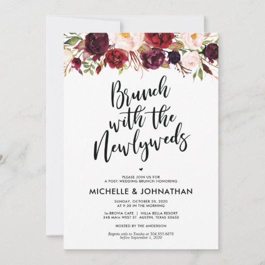 Burgundy Floral Post Wedding Brunch Uitnodiging (Voorkant)