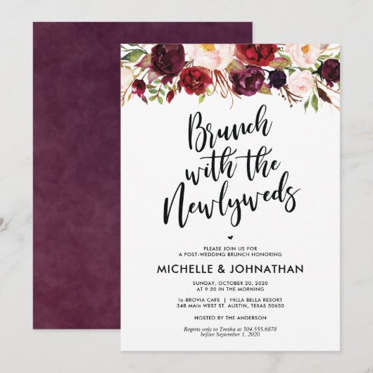 Burgundy Floral Post Wedding Brunch Uitnodiging (Voorkant / Achterkant)
