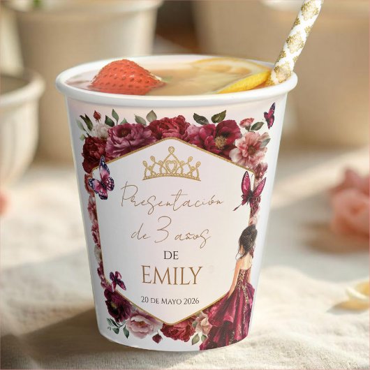 Burgundy Floral Presentación de 3 años Papieren Bekers