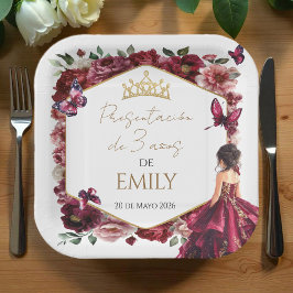 Burgundy Floral Presentación de 3 años Papieren Bordje