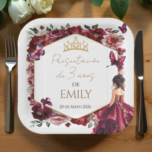 Burgundy Floral Presentación de 3 años Papieren Bordje