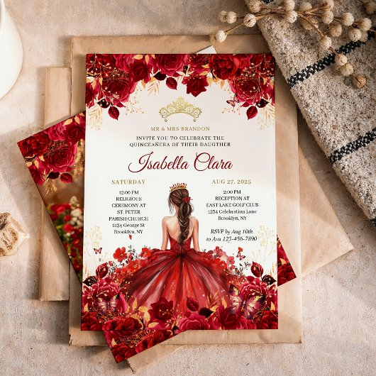 Burgundy Floral Princess Gold Quinceanera Kaart