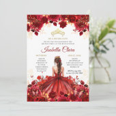Burgundy Floral Princess Gold Quinceanera Kaart (Staand voorkant)