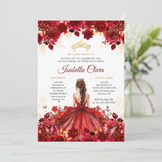 Burgundy Floral Princess Gold Quinceanera Kaart (Staand voorkant)