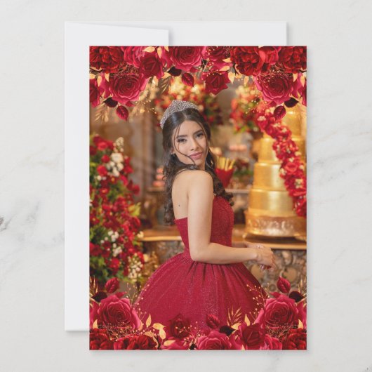 Burgundy Floral Princess Gold Quinceanera Kaart (Achterkant)