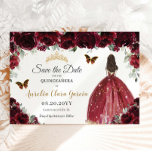 Burgundy Floral Princess Gold Quinceañera Sweet 16 Save The Date<br><div class="desc">c) De Happy Cat Studio</div>