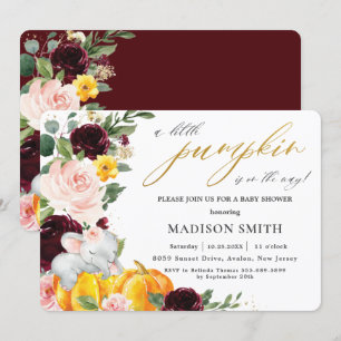 Burgundy Floral Pumpkin Elephant Baby shower    Kaart
