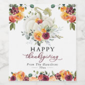 Burgundy Floral Pumpkin Happy Thanksgiving Wijn Etiket (Enkel label)