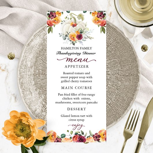 Burgundy Floral Pumpkin Thanksgiving menu