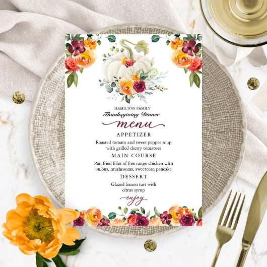 Burgundy Floral Pumpkin Thanksgiving menu