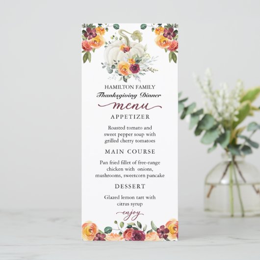 Burgundy Floral Pumpkin Thanksgiving menu (Staand voorkant)