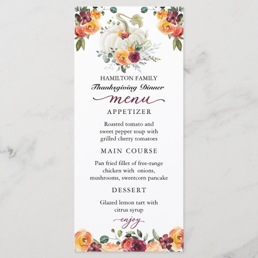 Burgundy Floral Pumpkin Thanksgiving menu (Voorkant)