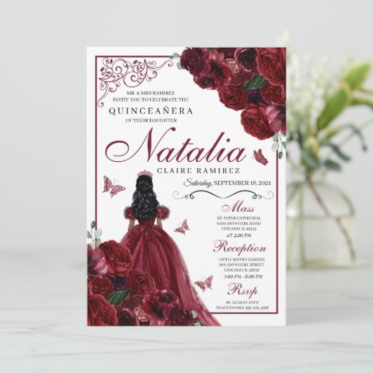 Burgundy Floral Quinceanera Birthday Kaart (Staand voorkant)