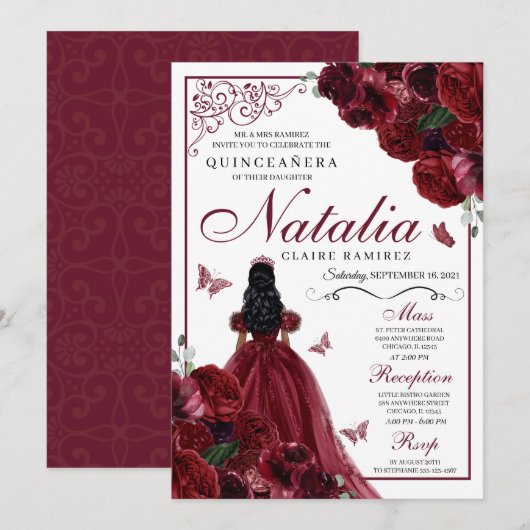 Burgundy Floral Quinceanera Birthday Kaart (Voorkant / Achterkant)