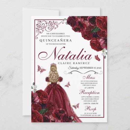 Burgundy Floral Quinceanera Birthday Kaart (Voorkant)