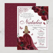 Burgundy Floral Quinceanera Birthday Kaart (Voorkant / Achterkant)