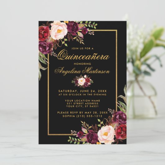 Burgundy Floral Quinceanera Black Gold Foto terug Kaart (Staand voorkant)