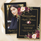 Burgundy Floral Quinceanera Black Gold Foto terug Kaart