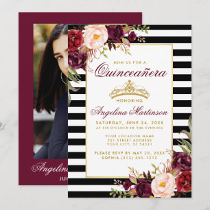 Burgundy Floral Quinceanera Crown Stripes Photo Kaart