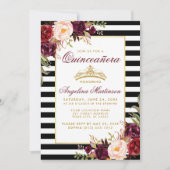 Burgundy Floral Quinceanera Gold Crown Stripes Kaart (Voorkant)