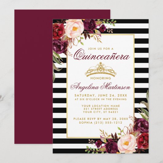 Burgundy Floral Quinceanera Gold Crown Stripes Kaart (Voorkant / Achterkant)