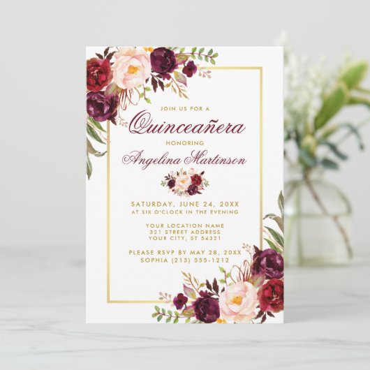 Burgundy Floral Quinceanera Gold Foto terug Kaart (Staand voorkant)