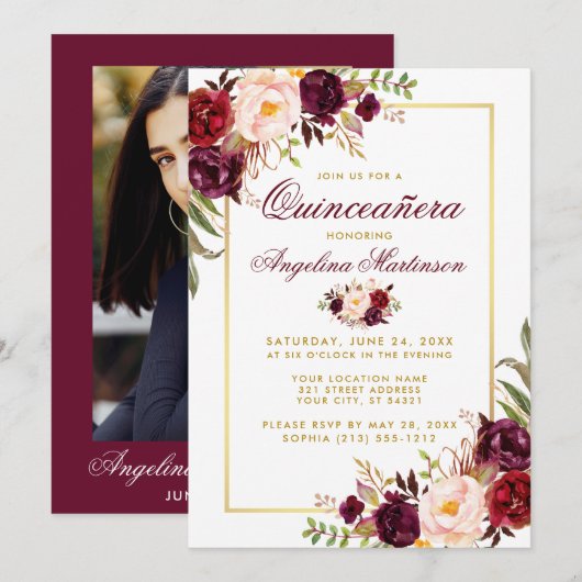Burgundy Floral Quinceanera Gold Foto terug Kaart (Voorkant / Achterkant)