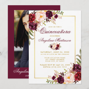 Burgundy Floral Quinceanera Gold Foto terug Kaart