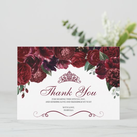 Burgundy Floral Quinceanera Hartelijk dank Bedankkaart (Staand voorkant)