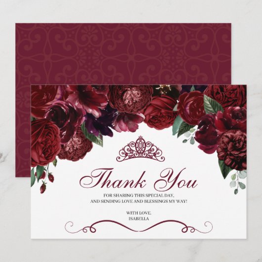 Burgundy Floral Quinceanera Hartelijk dank Bedankkaart (Voorkant / Achterkant)