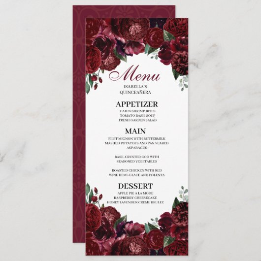 Burgundy Floral Quinceanera Menu Kaart (Voorkant / Achterkant)